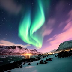 Naklejka premium Magical northern lights illuminating a serene winter landscape.