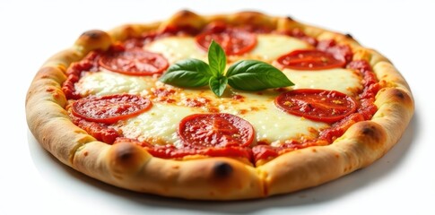 Perfectly baked margarita pizza, vibrant colors, white background, food, margherita