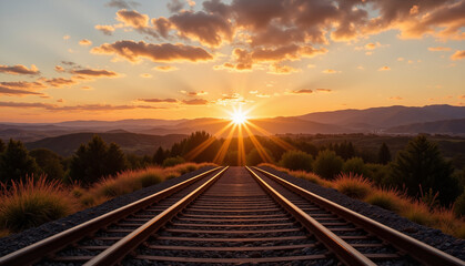 Fototapeta premium Railway tracks leading to a sunset over mountains, train tracks