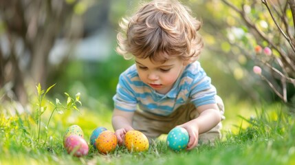Little boy hunting for easter egg in spring garden on Easter day. Focus on multicolor eggs.