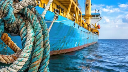 Obraz premium A vibrant image of a ship anchored at sea, with a focus on colorful ropes in the foreground against a bright blue sky.
