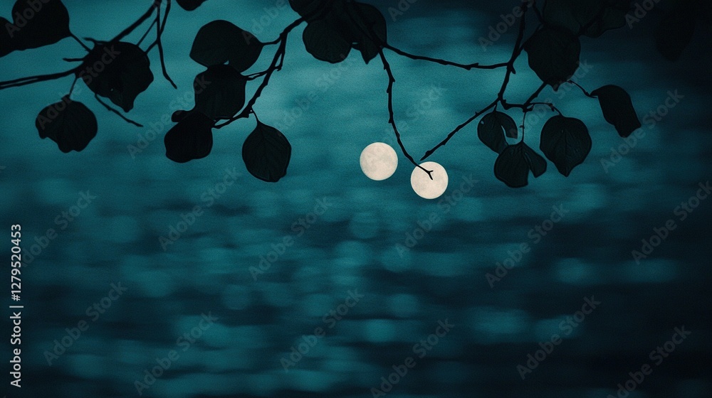Poster a pair of lights dangling from a tree, with trees in the foreground and a body of water in the backg