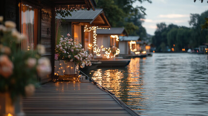 Obraz premium Colorful houseboats lined with flowers and lights by the water