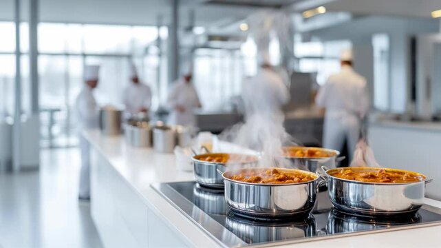 Steaming pots of food in a professional kitchen, with chefs cooking in the background