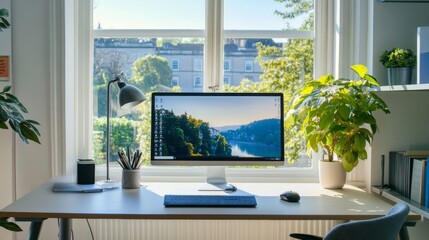 Home office with window view, sunlight, workspace, peaceful, productivity