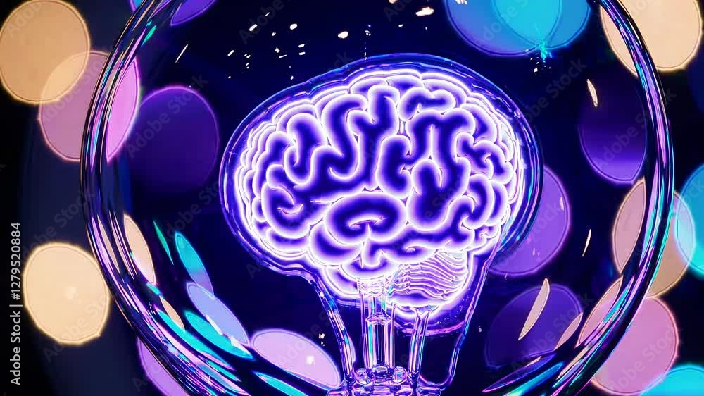 Poster a vibrant video concept with a neon brain in focus, surrounded by colorful bokeh lights. shot from a