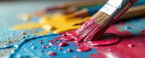 Obraz premium A brush with paint dripping from the bristles, paintbrushes, art supplies