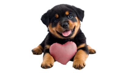Cute rottweiler puppy with a heart shaped toy