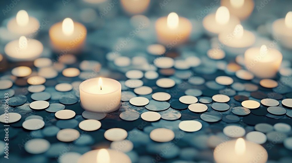 Poster a cluster of lit candles positioned atop a navy table with arrays of tiny white and black polka dots