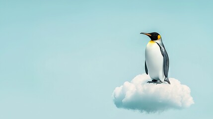 Fototapeta premium Penguin atop cloud with blue backdrop and cloud in fg