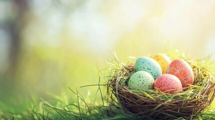 Obraz premium Nest with easter eggs in grass on a sunny spring day - Easter decoration, banner, panorama, background