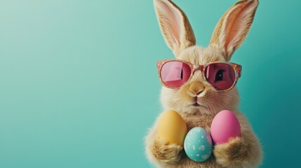 An easter bunny rabbit wearing sunnies, shades, sunglasses holding colourful easter eggs against a turquoise isolated background with room for text.