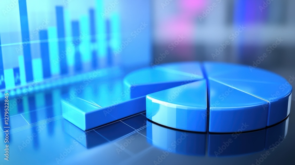 Poster blue pie chart on a glossy surface with bar graphs in the background, illustrating data analysis