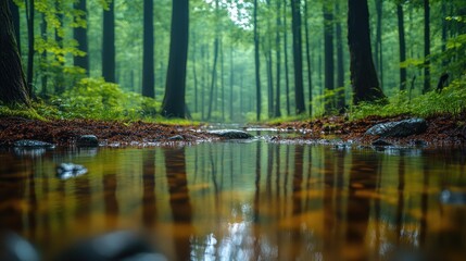 Rain-soaked forest path reflected in puddle, misty woods
