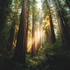 Obraz premium Towering redwood trees in an ancient forest, soft sunlight filtering through the dense canopy, moss-covered trunks, deep earthy tones, cinematic depth, ultra-HD details, 8K resolution 