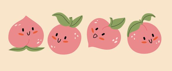 Cute kawaii peach. Peaches are characters in different positions.