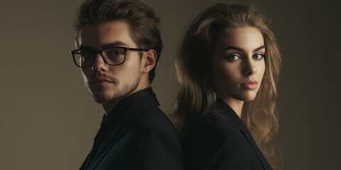 Confident business team of a man and woman in smart office outfits and eyewear