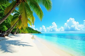 White sand beach, turquoise water, swaying palms , scenery, island