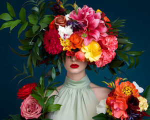 Fototapeta premium Fresh flowers on the face and body of a young, attractive girl is the floral springtime concept.