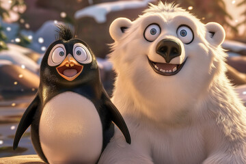 A joyful cartoon scene featuring a penguin and a polar bear as best friends 
