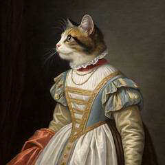 cat in the reneissant dress oil painting on the dark background
