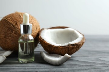 Bottle of coconut oil on the table 