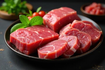 A variety of raw meats including beef, pork and lamb arranged on a plate, beef, lamb