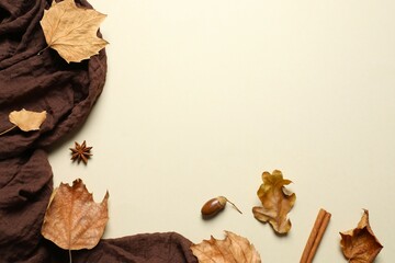 Autumn composition with leaves and brown scarf on color background