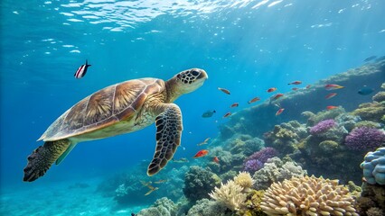 Obraz premium A sea turtle swimming gracefully through clear blu