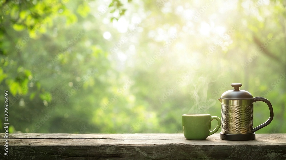 Poster a teapot and cup sit on a table by a window, with sunlight filtering through the tree branches above