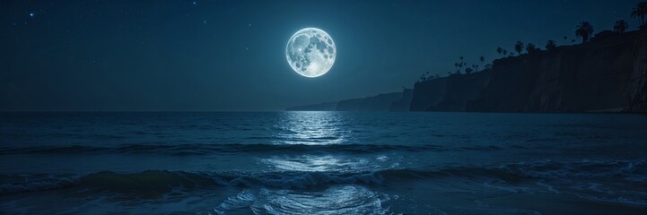 Full Moon light night sky over lake, relfection on water river, forest in the background landscape