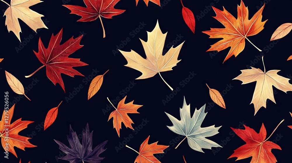 Poster a black background with various-colored leaves falling off from both the top and bottom edges