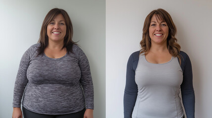 A side-by-side transformation photo of a 40-year-old woman, showcasing her weight loss journey. On the left, she appears heavier, wearing casual clothes with a neutral expression. On the right, she is