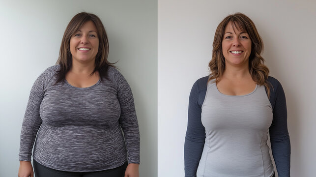 A side-by-side transformation photo of a 40-year-old woman, showcasing her weight loss journey. On the left, she appears heavier, wearing casual clothes with a neutral expression. On the right, she is
