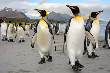 Fototapeta premium A lively scene of numerous king penguins walking gracefully along the beach