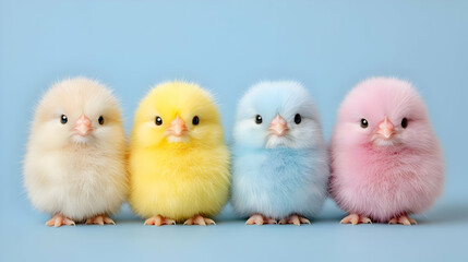 Four fluffy chicks, pastel colors, blue background, spring