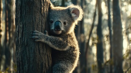 Fototapeta premium Adorable Koala Bear Climbing A Tree In Serene Forest Setting