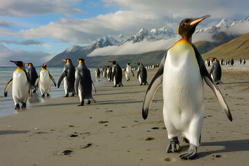 Obraz premium A lively scene of numerous king penguins walking gracefully along the beach