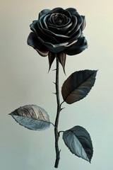 A single black rose with leaves on a stem