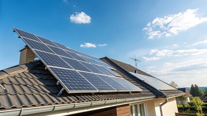 Fototapeta premium House with Solar Panels on Roof Capturing Sunlight on a Clear Day