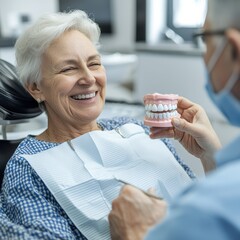 A cheerful woman enjoys a dental appointment, smiling as a dentist shows her a model of teeth. The consultation takes place in a well-lit, contemporary clinic