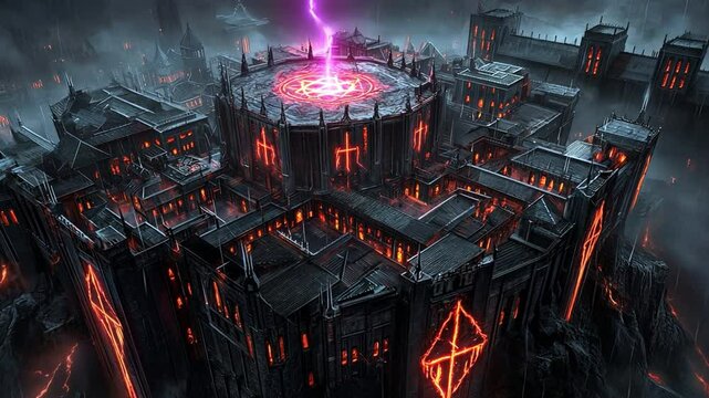 Epic cursed stronghold on a jagged mountain, illuminated by purple lightning and glowing symbols, creating an ominous atmosphere.