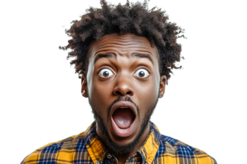 Man shows shock with wide eyes, open mouth