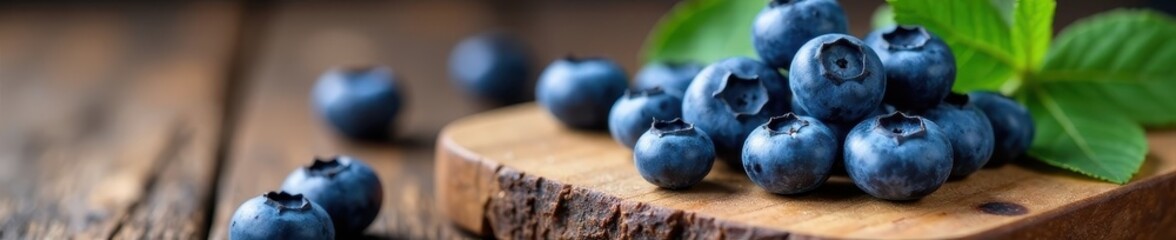 Obraz premium Fresh blueberry clusters on a wooden cutting board, antioxidants, food