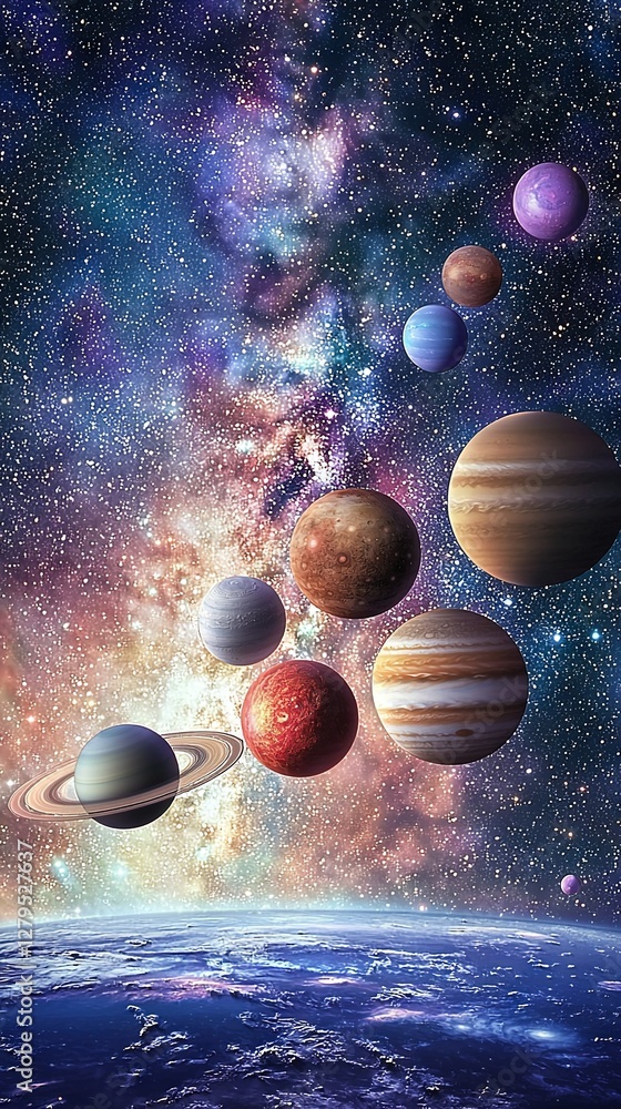 Poster a solar system consisting of eight planets situated in the center, surrounded by space, with the sun