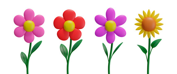 Collection of 3D minimalist types of flowers 