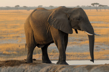 Fototapeta premium A majestic African Elephant (Loxodonta africana) standing at the edge of a waterhole in the vast, golden Savuti Marsh of Chobe National Park, Botswana