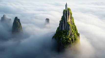   An island emerged from cloud cover, featuring a prominent spire