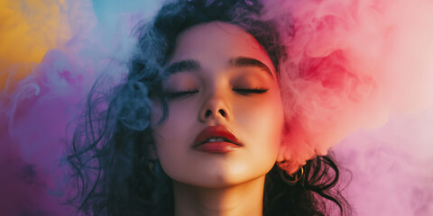 Futuristic and Dreamy Female Portrait Surrounded by Floating Smoke in a Vibrant, Abstract World