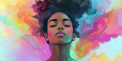 Modern Creative Photography of a Confident Woman Immersed in a Magical and Colorful Mist